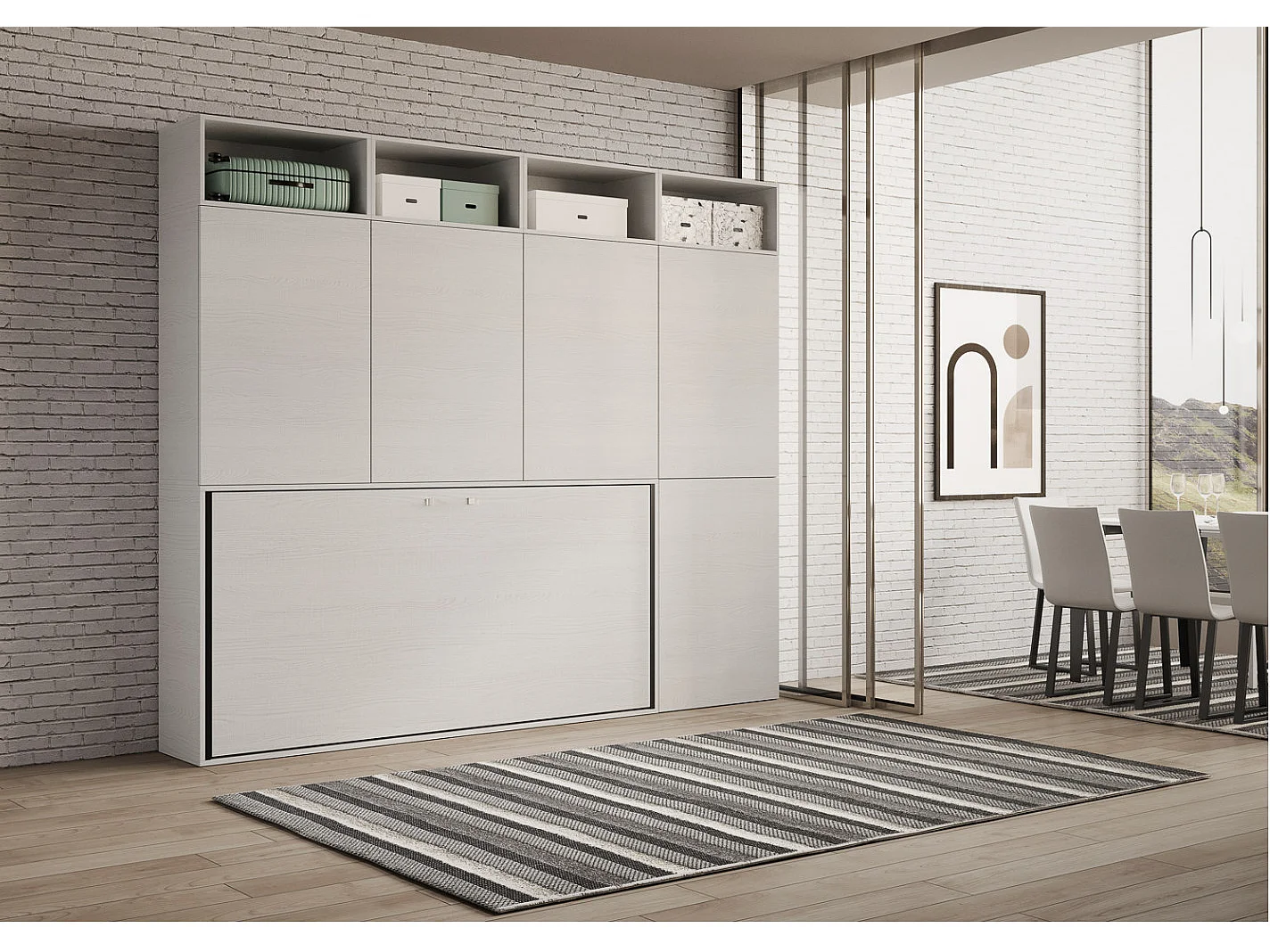 Lit escamotable horizontal blanc Bounto 85x185 avec rangement et bibliothèque composition B-