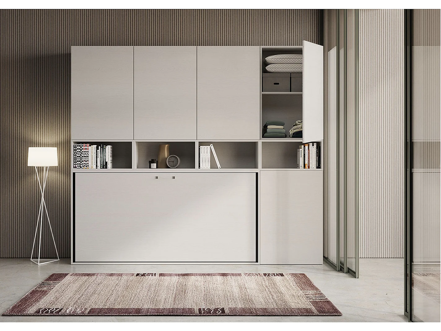 Lit escamotable horizontal blanc Bounto 85x185 avec rangement et bibliothèque composition C-