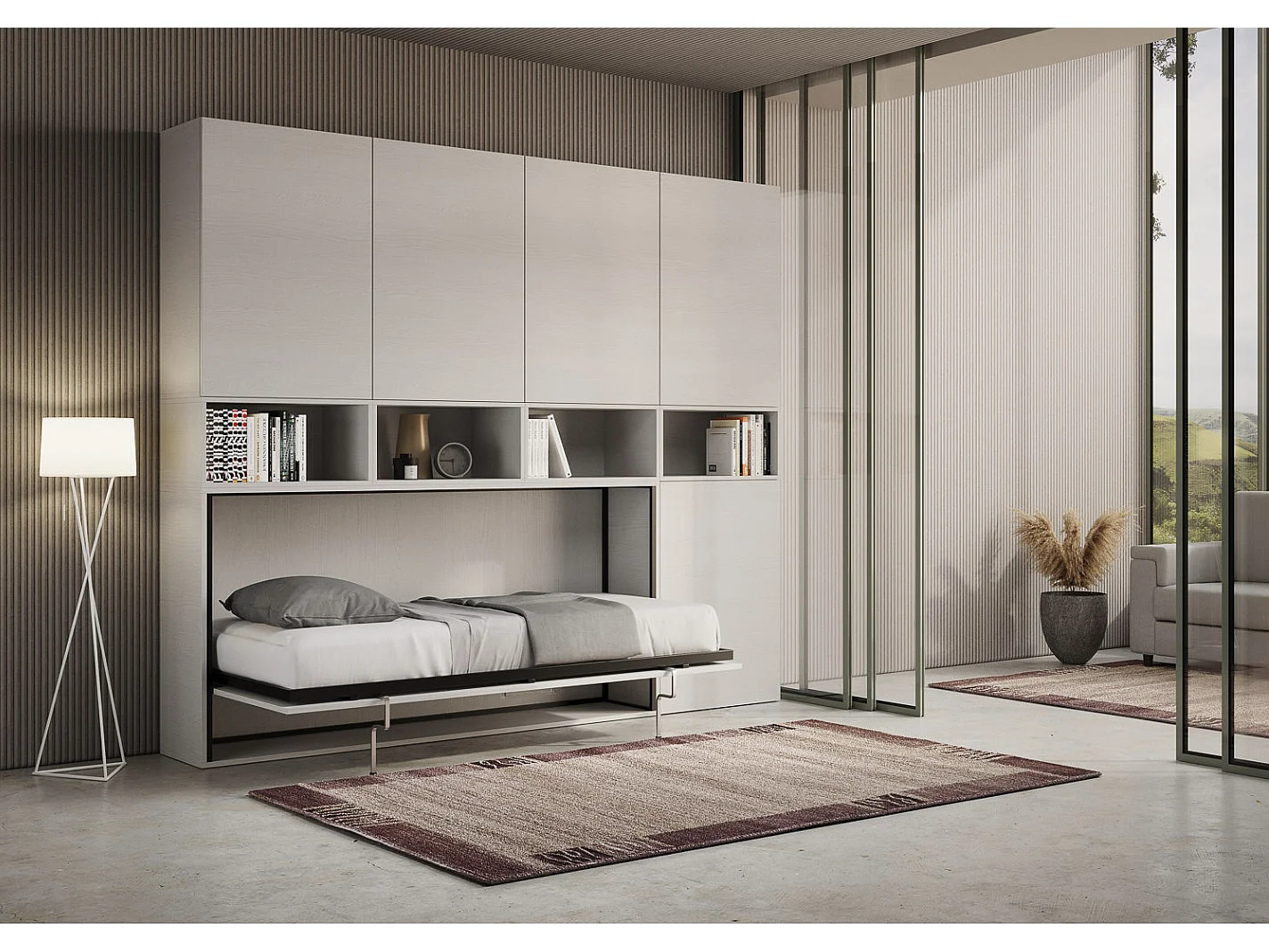 Lit escamotable horizontal blanc Bounto 85x185 avec rangement et bibliothèque composition C-