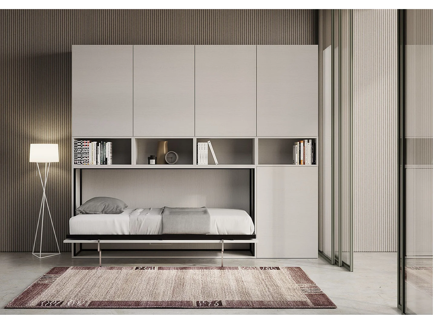 Lit escamotable horizontal blanc Bounto 85x185 avec rangement et bibliothèque composition C-