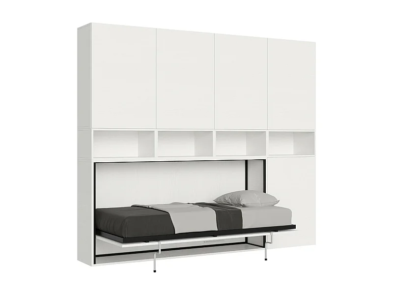 Bounto wit horizontaal opklapbed 85x185 cm met opberger en boekenkastsamenstelling C-Zonder matras