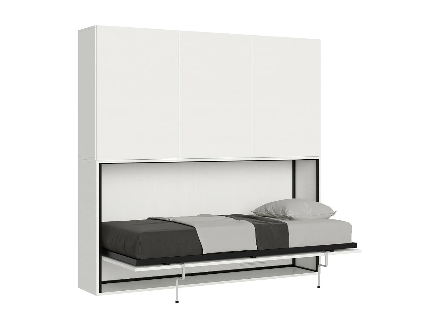 Lit escamotable horizontal blanc Bounto 85x185 avec rangement et bibliothèque composition D-1 matelas 85x185