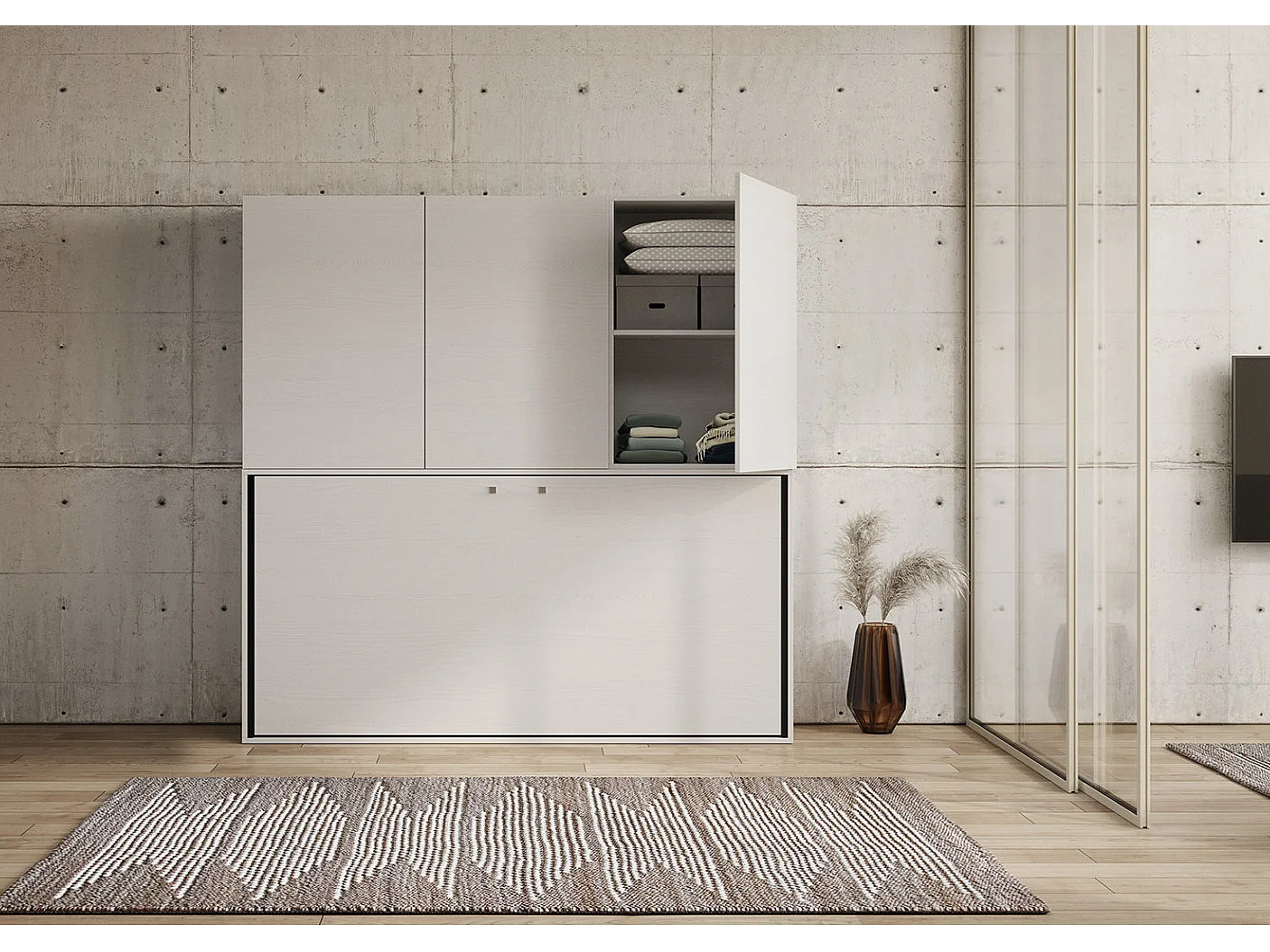 Lit escamotable horizontal blanc Bounto 85x185 avec rangement et bibliothèque composition D-1 matelas 85x185