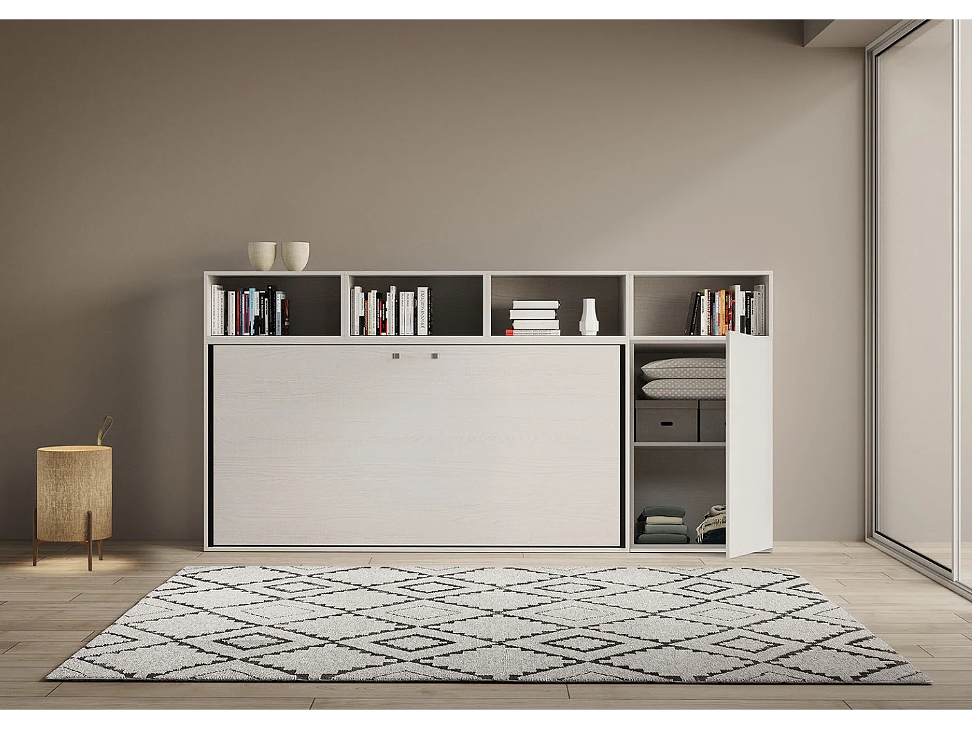 Lit escamotable horizontal blanc Bounto 85x185 avec rangement composition A-