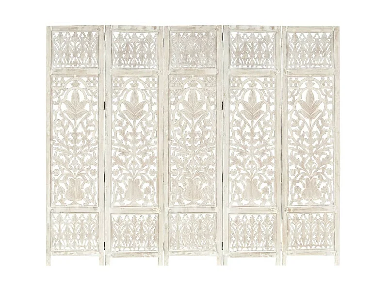 Cloison de séparation 5 panneaux Blanc 200x165 Bois manguier 2