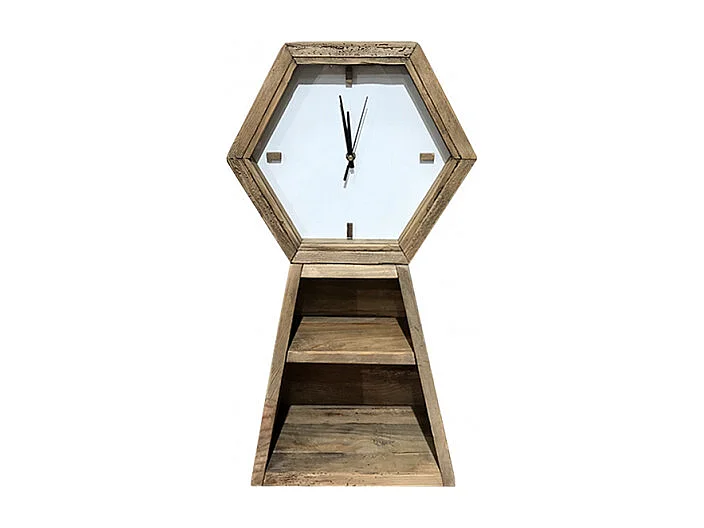Horloge hexagonale H. 60 cm en bois de pin recyclé 2 niches - CHALET