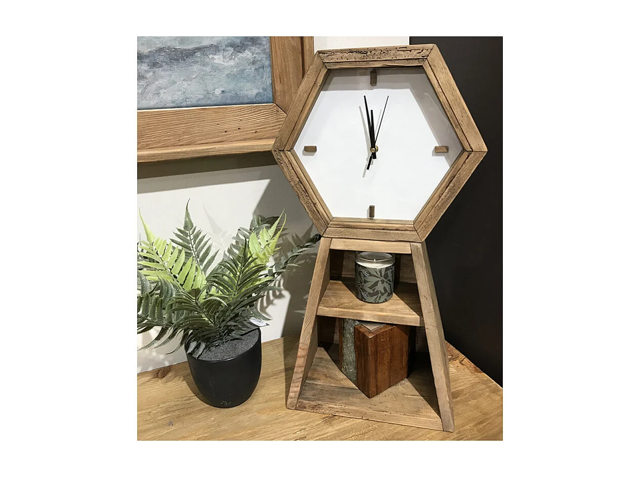 Horloge hexagonale H. 60 cm en bois de pin recyclé 2 niches - CHALET