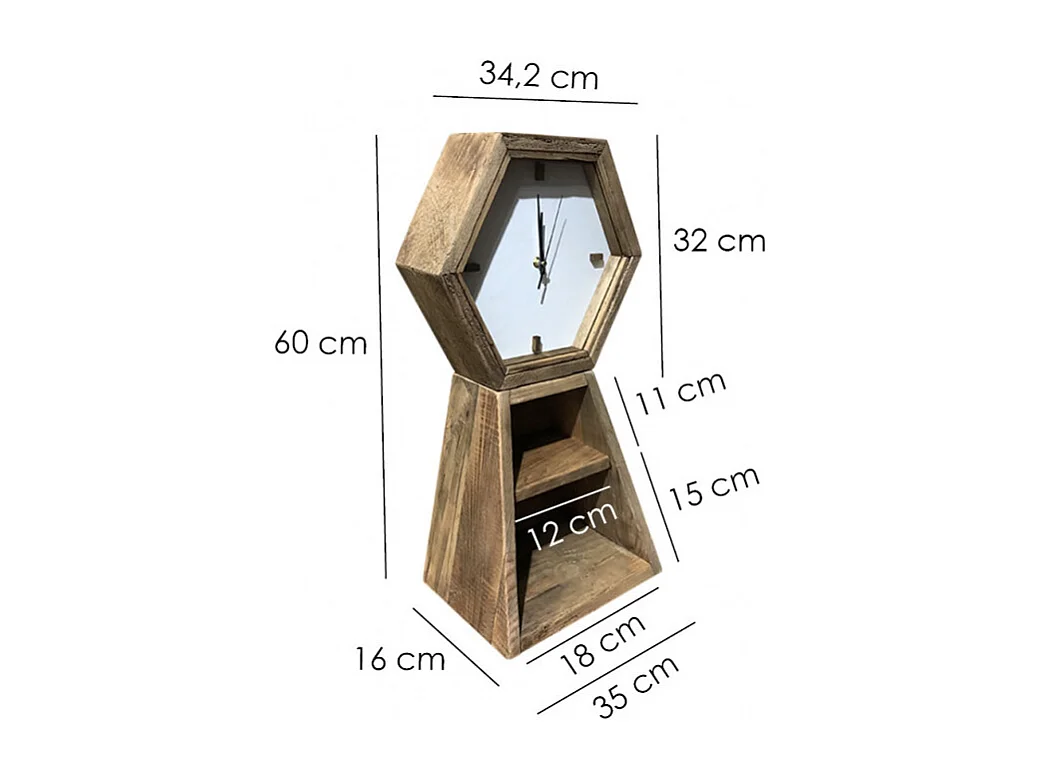 Horloge hexagonale H. 60 cm en bois de pin recyclé 2 niches - CHALET