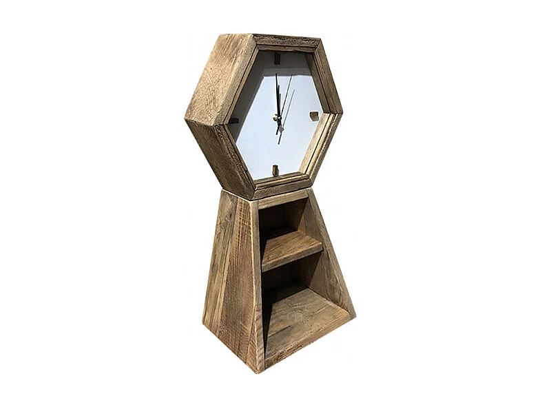 Horloge hexagonale H. 60 cm en bois de pin recyclé 2 niches - CHALET