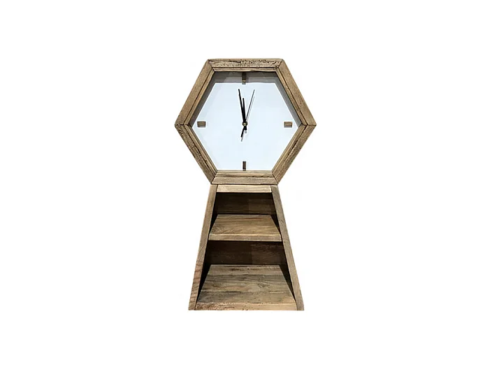 Horloge hexagonale H. 60 cm en bois de pin recyclé 2 niches - CHALET