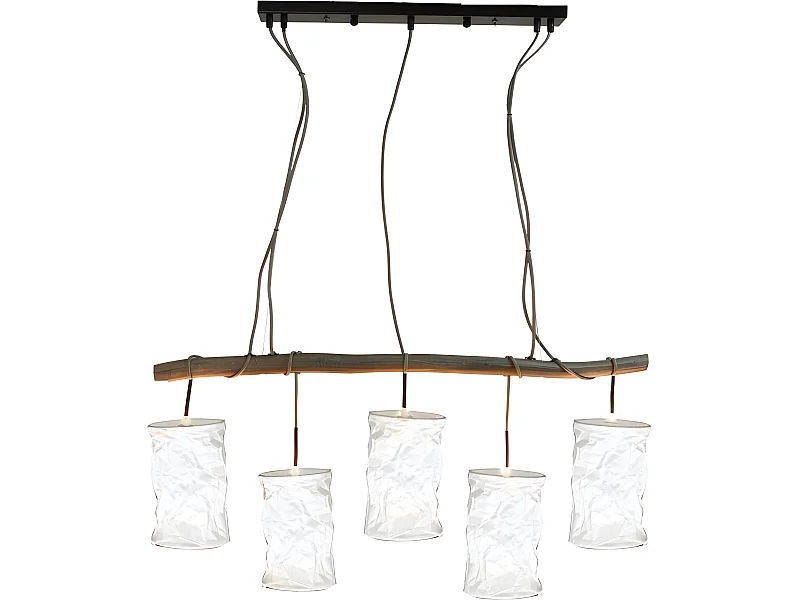 Lustre en bois avec 5 abats-jour en papiers froissé blanc - WOODEN