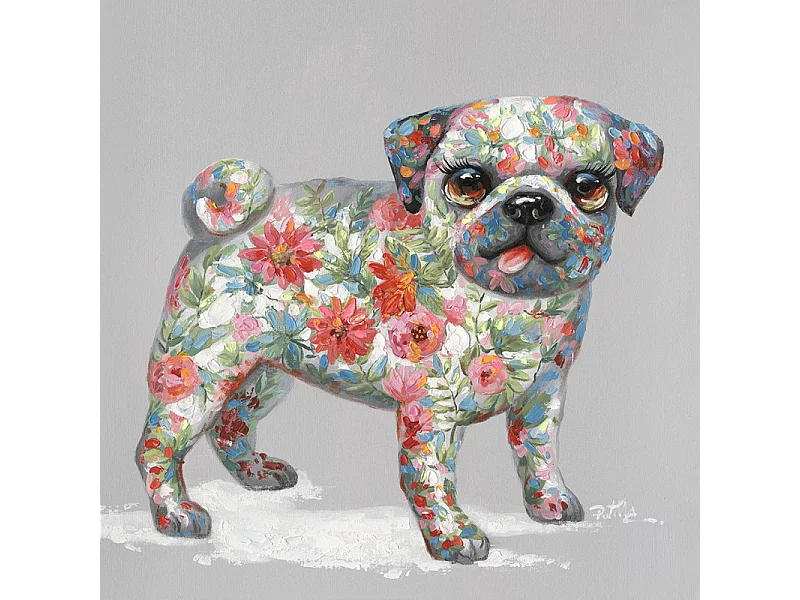 Tableau peinture chien carlin fleuri 50 x 50 cm - Puppy