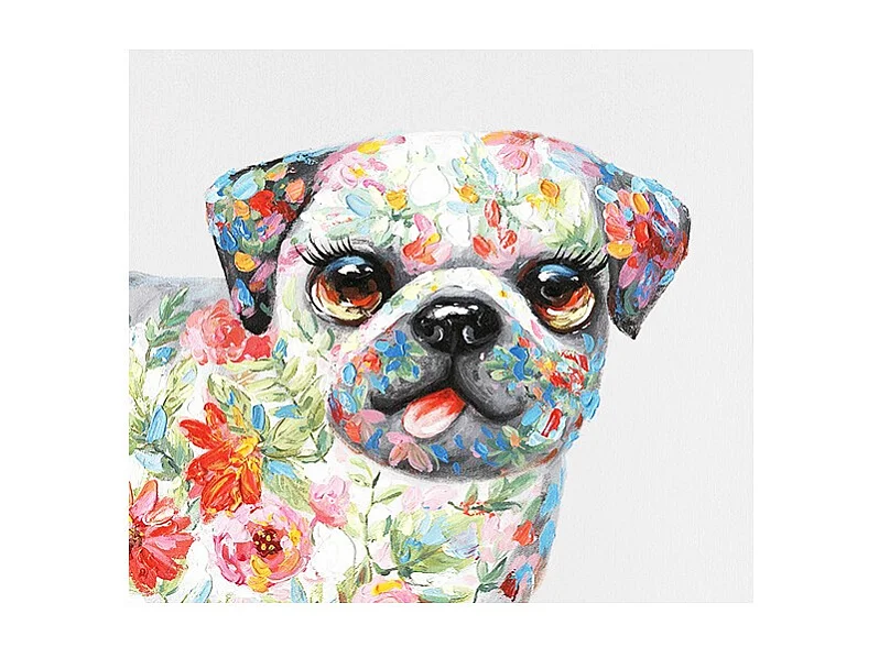 Tableau peinture chien carlin fleuri 50 x 50 cm - Puppy
