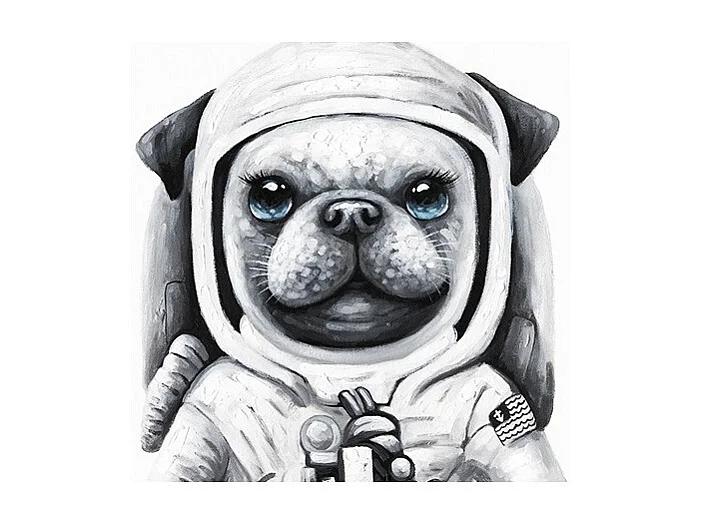 Tableau peinture chien astronaute noir et blanc 60 x 40 cm - Laïka