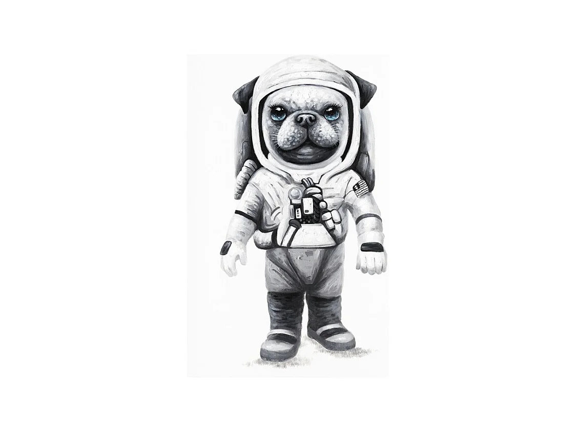 Tableau peinture chien astronaute noir et blanc 60 x 40 cm - Laïka