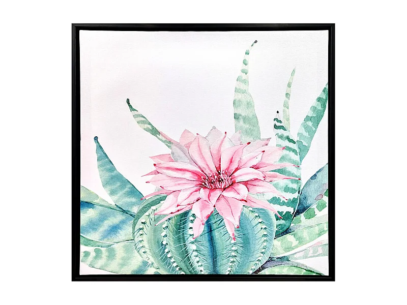 Tableau dessin fleur rose sur cadre en bois noir 40x40 cm - FLOWER