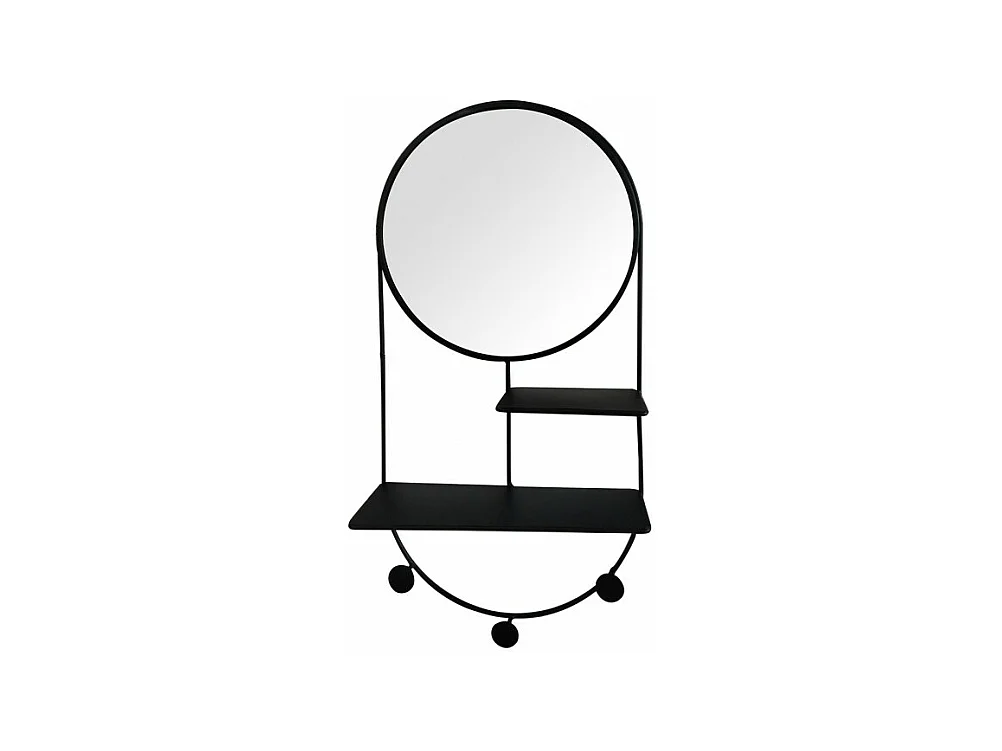 Miroir mural rond avec étagères et 3 patères en métal noir - MIROR