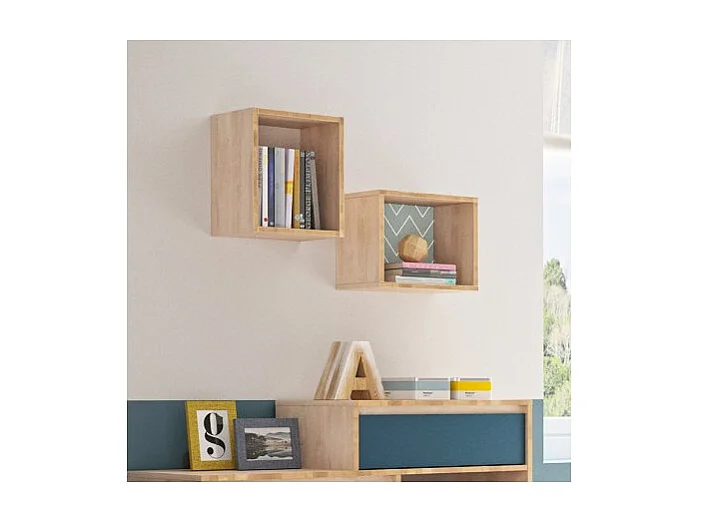 Etagère cube murale réversible décor bois blanc ou bleu - SIDOINE