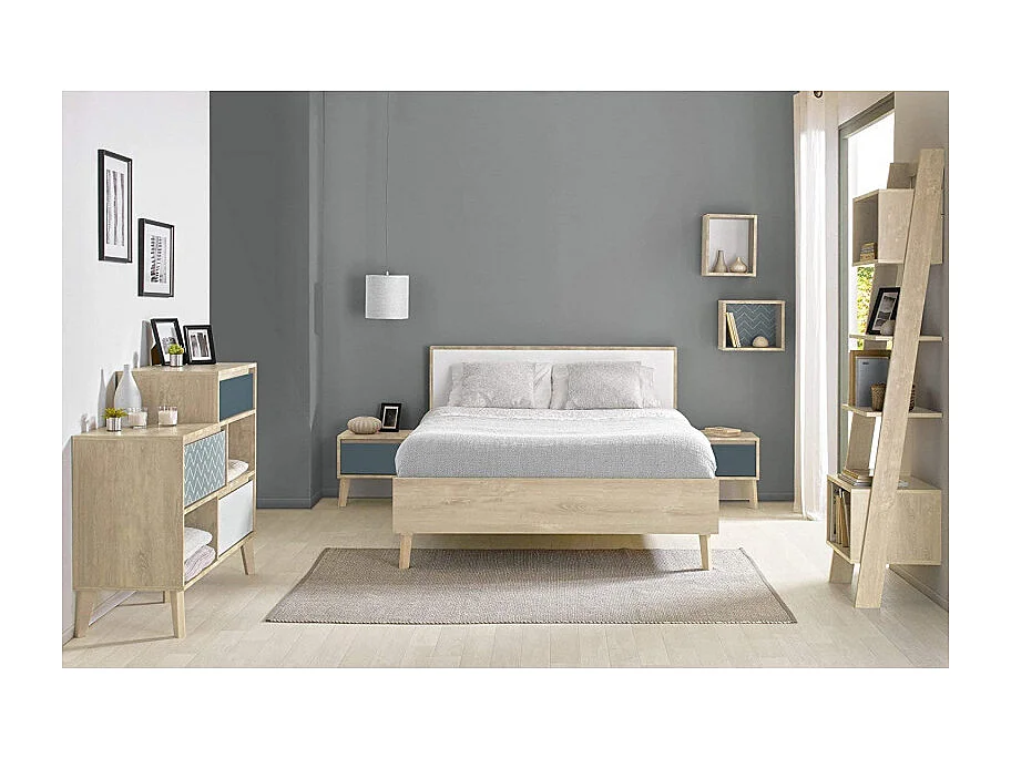 Etagère cube murale réversible décor bois blanc ou bleu - SIDOINE