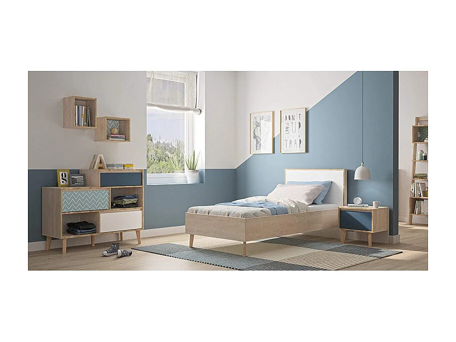 Etagère cube murale réversible décor bois blanc ou bleu - SIDOINE