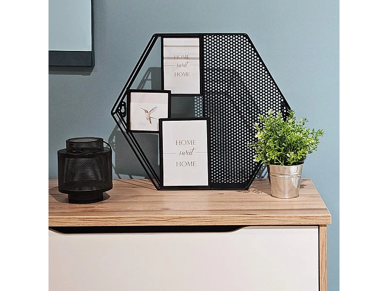 Porte-photos mural hexagonal en métal noir ajouré - SWEET HOME