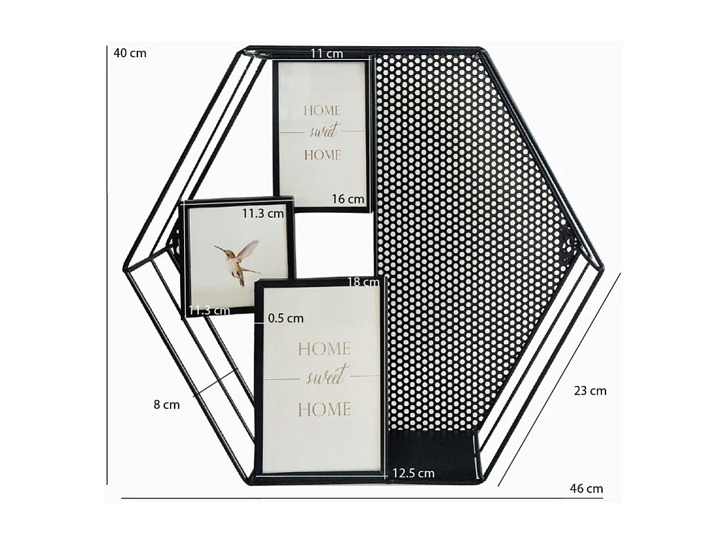 Porte-photos mural hexagonal en métal noir ajouré - SWEET HOME