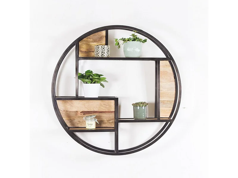Etagère murale ronde 80 cm en bois de teck et métal noir - TUI