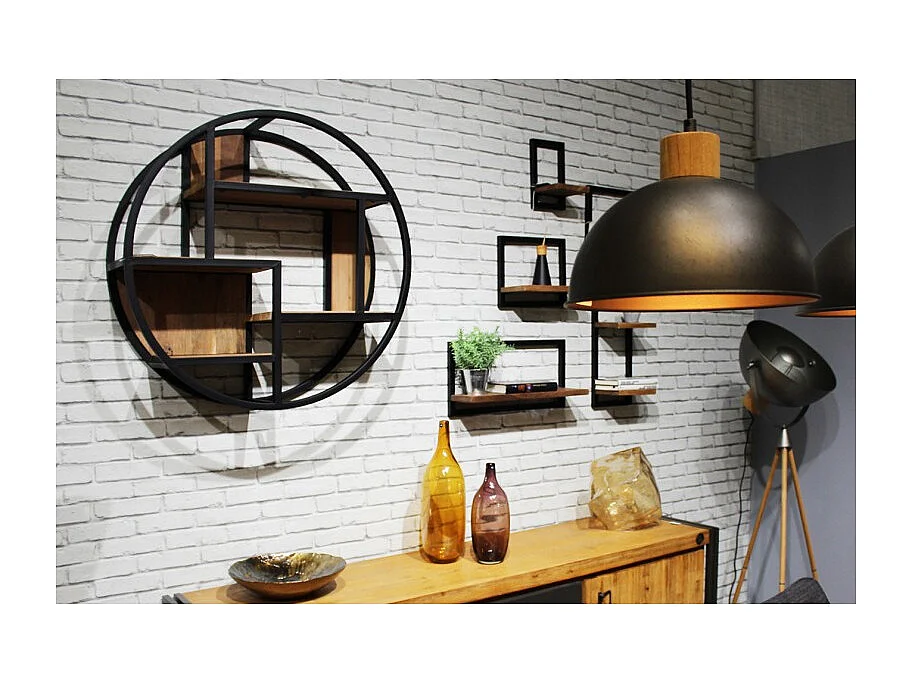 Etagère murale ronde 80 cm en bois de teck et métal noir - TUI