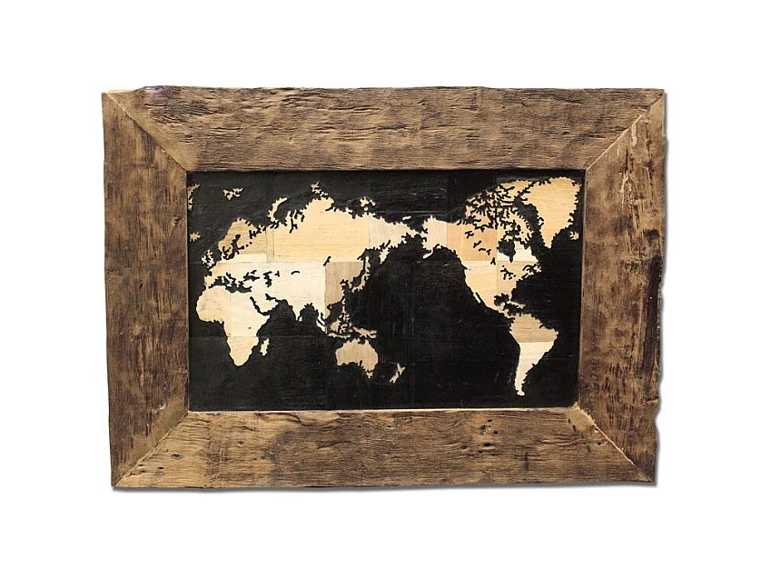 Décoration murale cadre carte du monde en teck 80 cm - WORLD