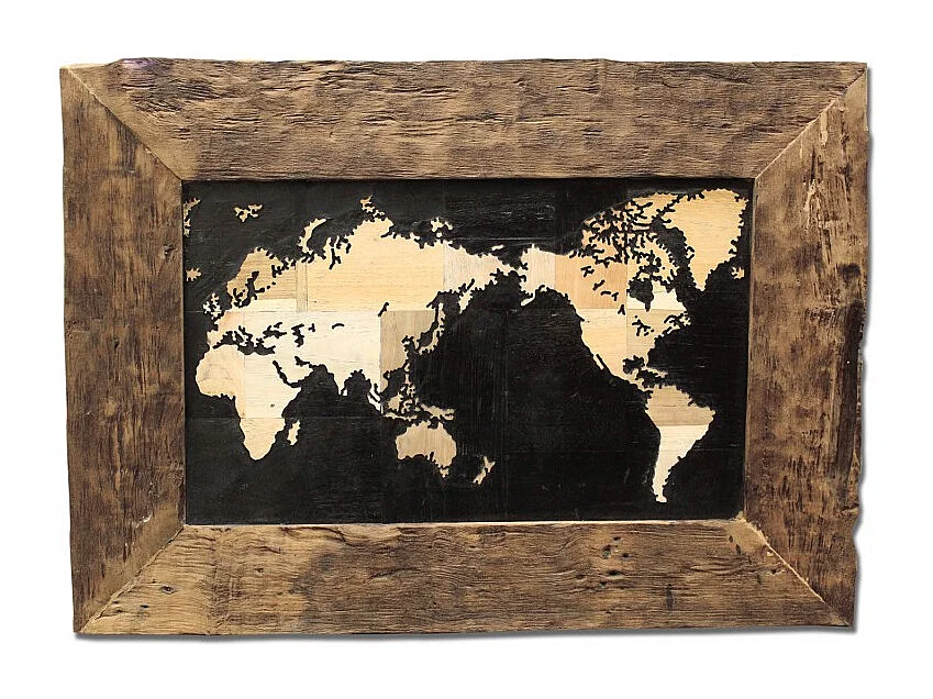 Décoration murale cadre carte du monde en teck 80 cm - WORLD