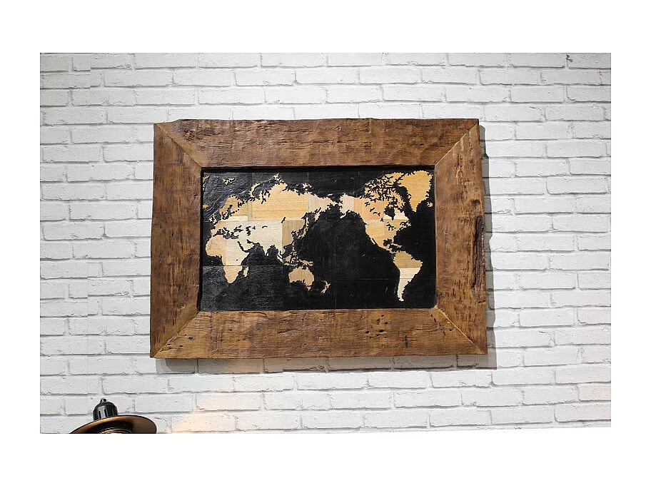 Décoration murale cadre carte du monde en teck 80 cm - WORLD