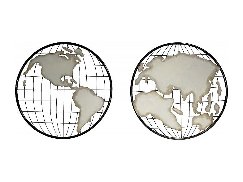 Décoration murale 2 cartes du monde en métal rond - WORLD