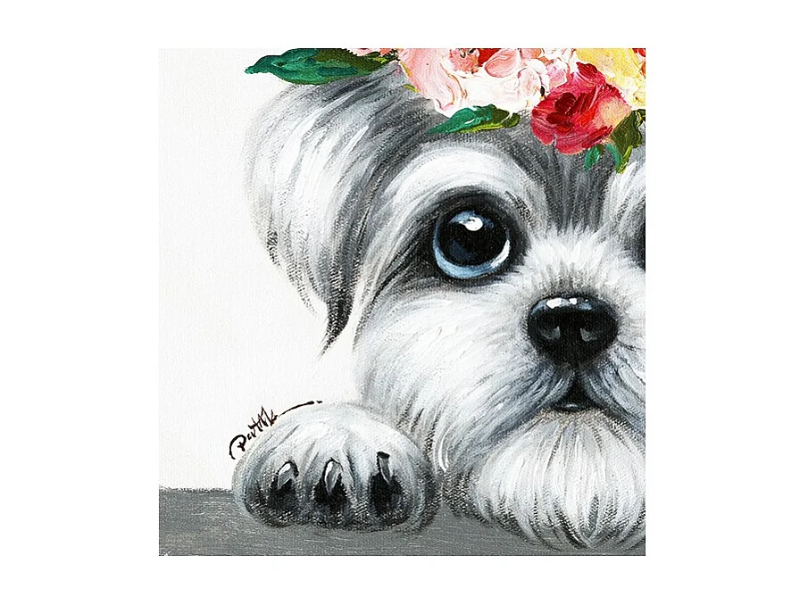 Tableau peinture Chien couronne de fleurs 50 x 50 cm - Doggy