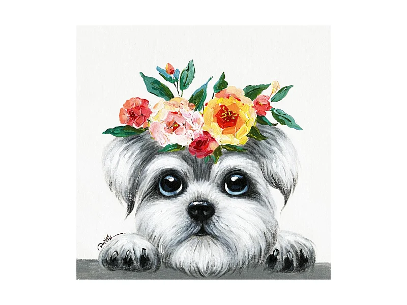 Tableau peinture Chien couronne de fleurs 50 x 50 cm - Doggy