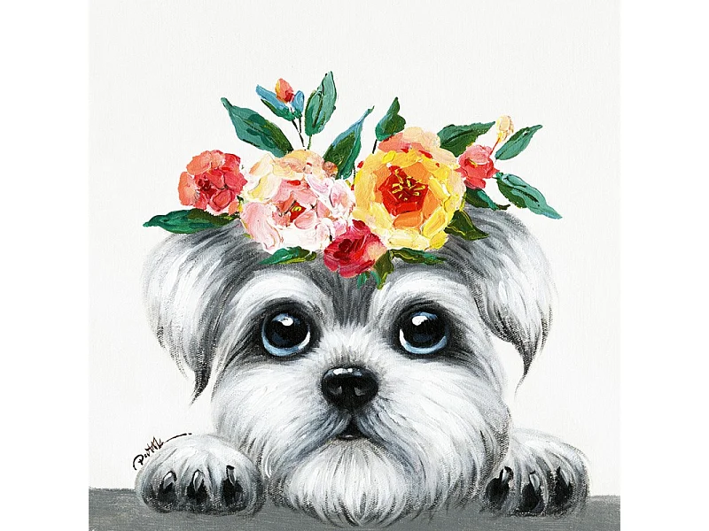 Tableau peinture Chien couronne de fleurs 50 x 50 cm - Doggy