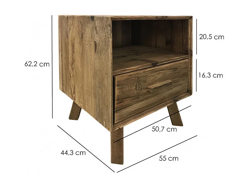 Table de chevet en pin massif recyclé 1 tiroir et 1 niche - CHALET