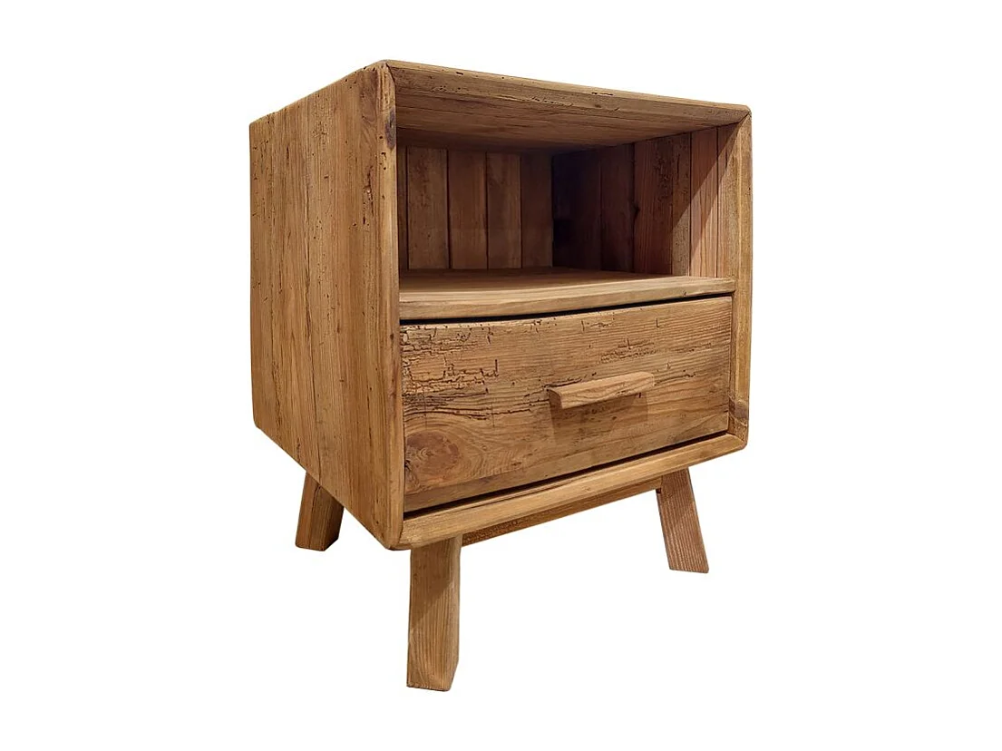 Table de chevet en pin massif recyclé 1 tiroir et 1 niche - CHALET