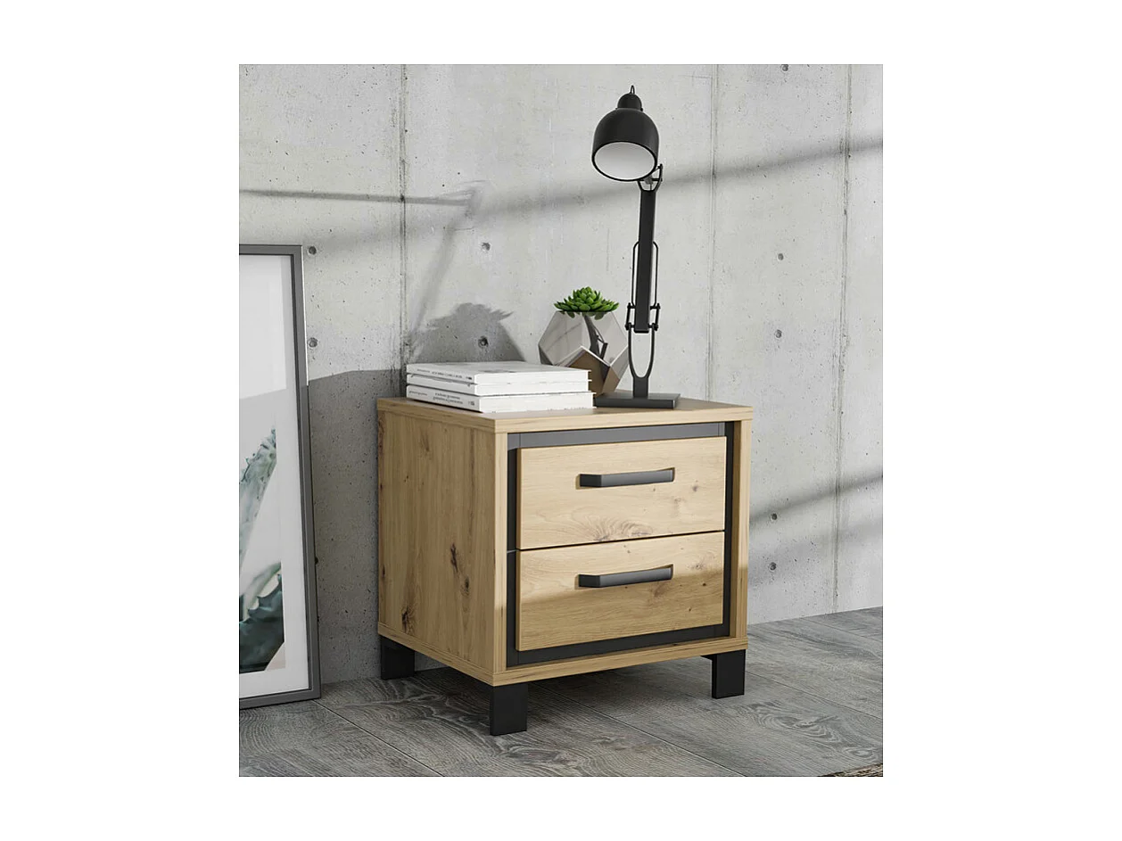 Table chevet 2 tiroirs décor chêne pieds poignées métal noir - ALIA