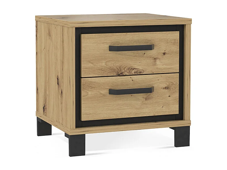 Table chevet 2 tiroirs décor chêne pieds poignées métal noir - ALIA