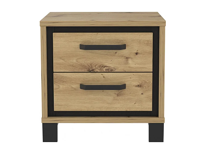 Table chevet 2 tiroirs décor chêne pieds poignées métal noir - ALIA