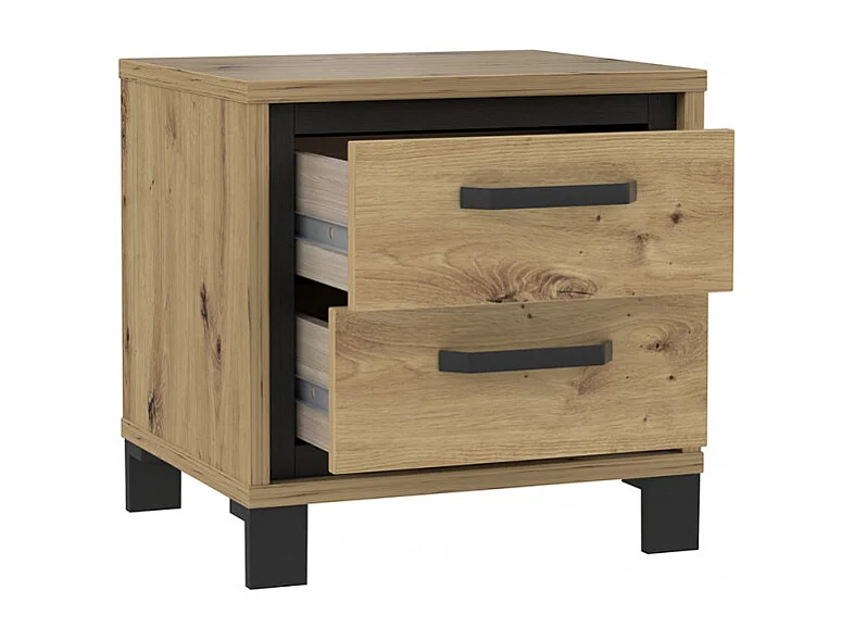 Table chevet 2 tiroirs décor chêne pieds poignées métal noir - ALIA