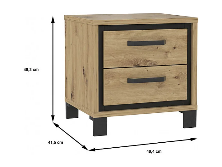 Table chevet 2 tiroirs décor chêne pieds poignées métal noir - ALIA