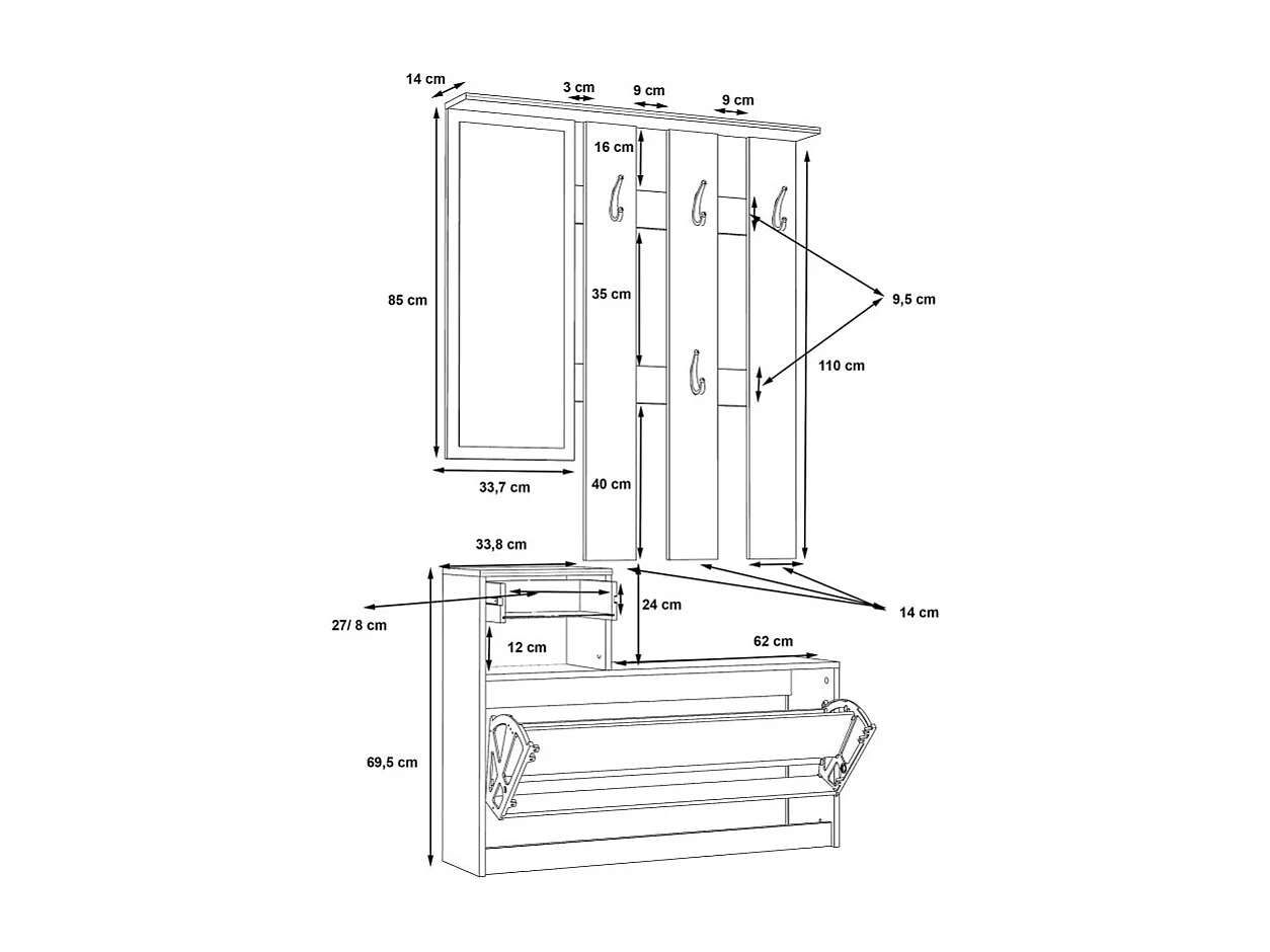 Penderie meuble à chaussures noir et blanc avec miroir - MARCEL