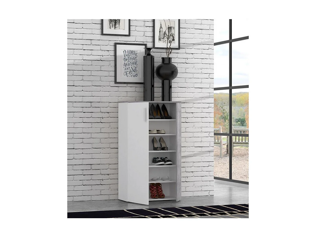Armoire à chaussures 2 portes 5 tablettes décor blanc béton - AMELIE