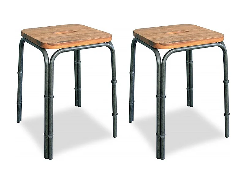 Lot 2 tabourets 45 cm bois d'acacia et métal - WORKSHOP