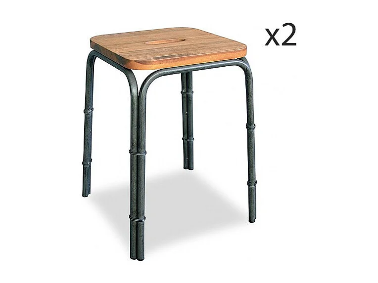 Lot 2 tabourets 45 cm bois d'acacia et métal - WORKSHOP