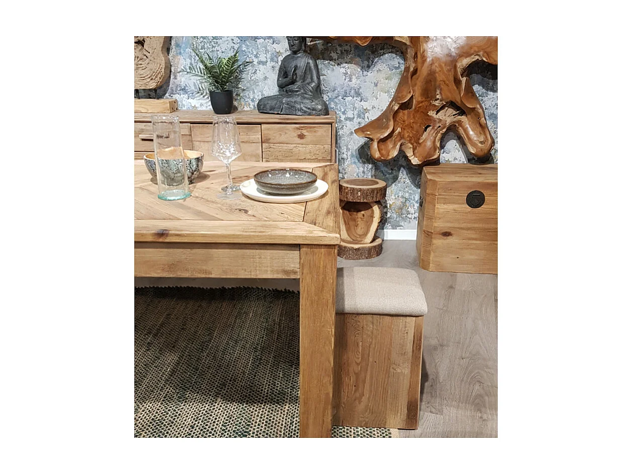 Tabouret en bois massif recyclé et tissu rembourré beige - CHALET