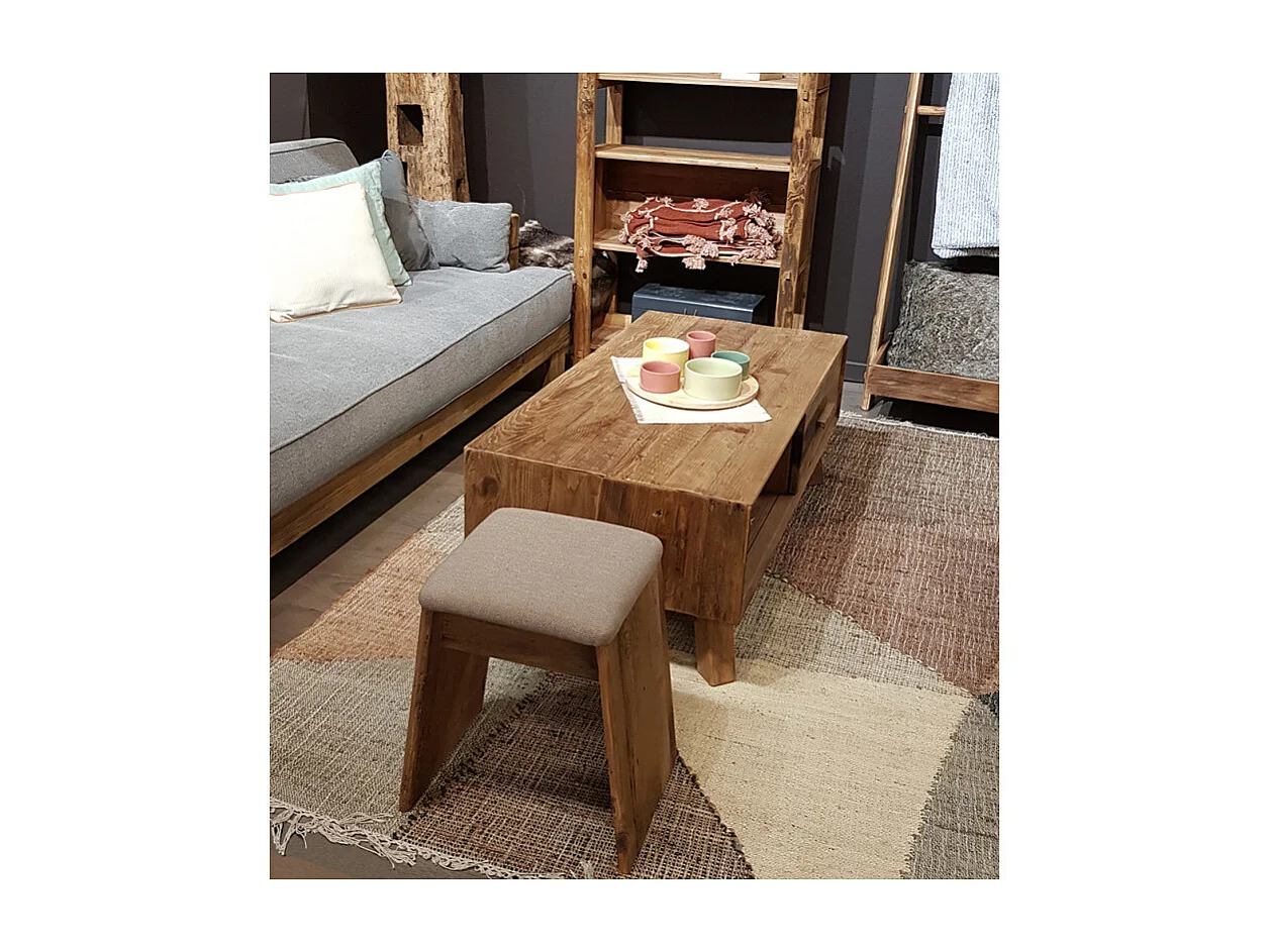 Tabouret en bois massif recyclé et tissu rembourré beige - CHALET