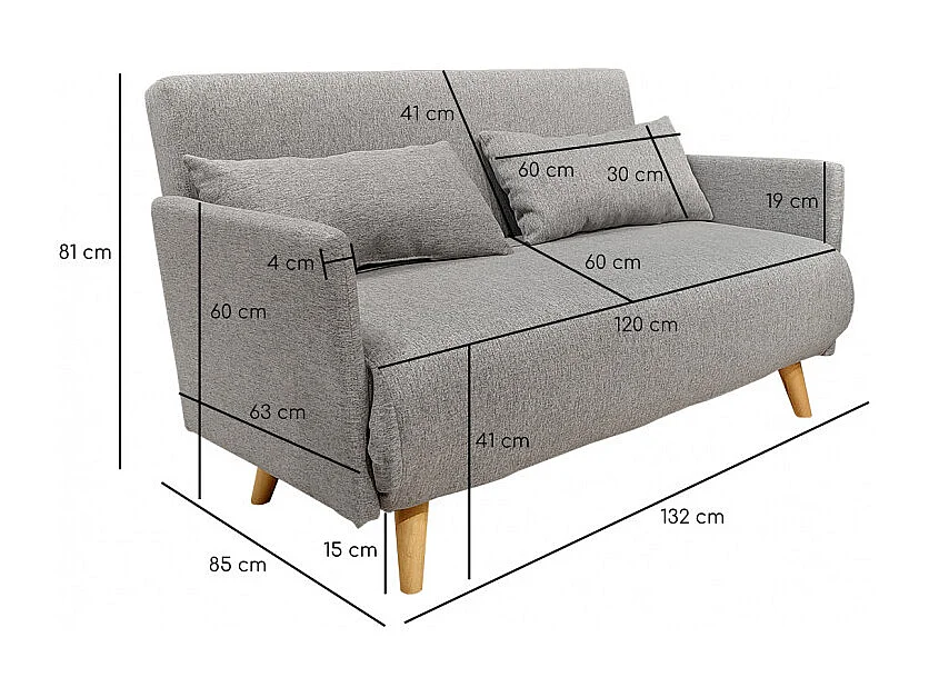 Banquette convertible 2 places tissu gris clair pieds bois - JUDY