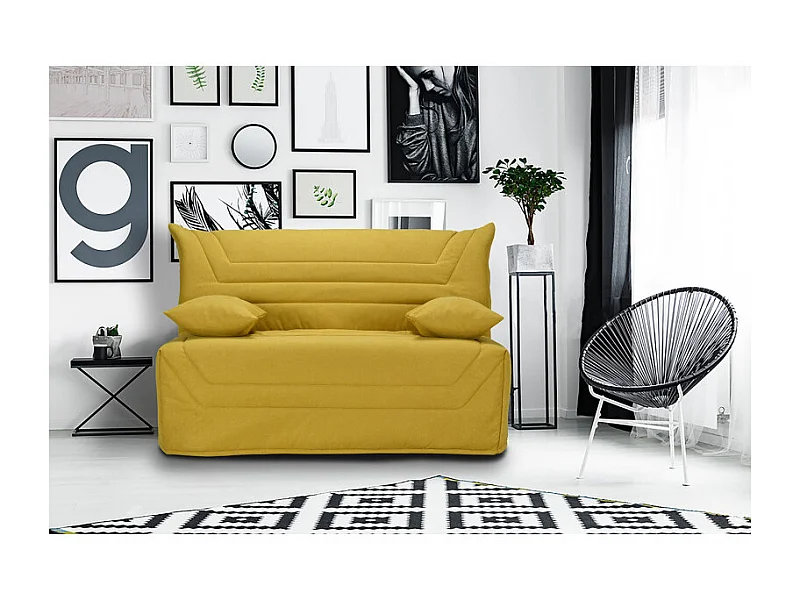 Banquette lit BZ 140x190 cm en tissu jaune et matelas 12 cm - CYRIAC